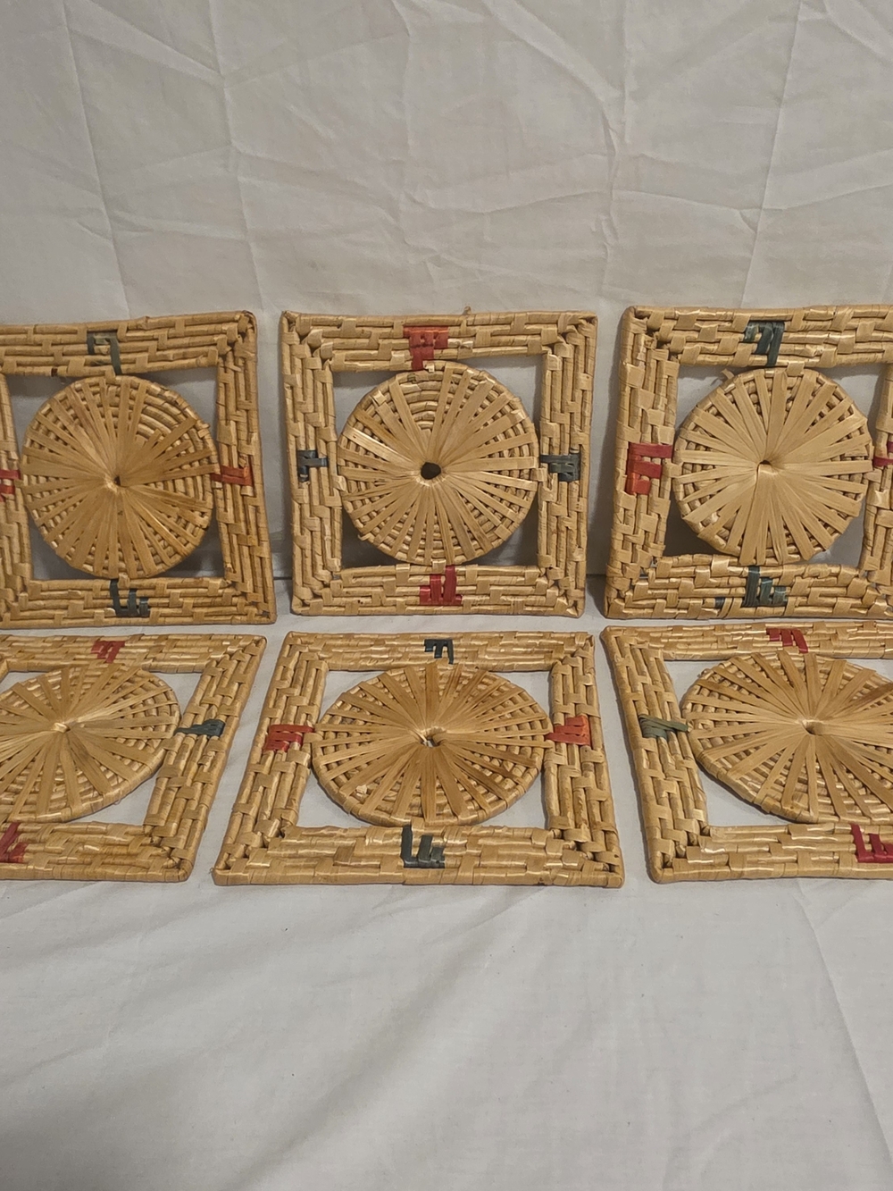 Set Of 6 Woven Raffia Trivets Square 8" X 8" Red & Green Accents Vintage